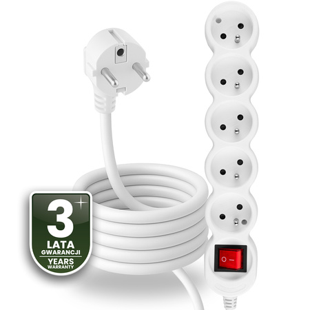 Przedłużacz Sieciowy Kabel z Uziemieniem Listwa Zasilająca 5 Gniazd 3m Włącznik ON/OFF Biały Sznur Lendo Lumiled