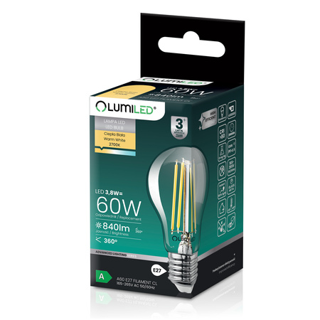 6x Żarówka LED E27 A60 3,8W 840lm = 60W 2700K Ciepła 360° Filament KLASA A LUMILED