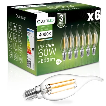 6x Żarówka LED E14 Świeczka BA35 7W = 60W 806lm 4000K Neutralna 360° FILAMENT LUMILED
