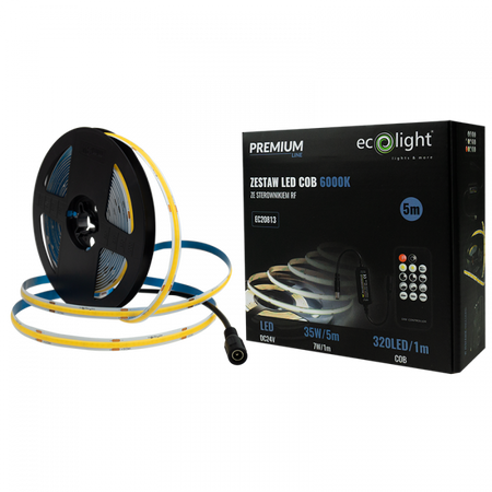Taśma LED Pasek COB 7W/m 630lm/m 320LED/m 24V 6000K Zimna IP20 Rolka 5m + Zasilacz + Pilot Ecolight