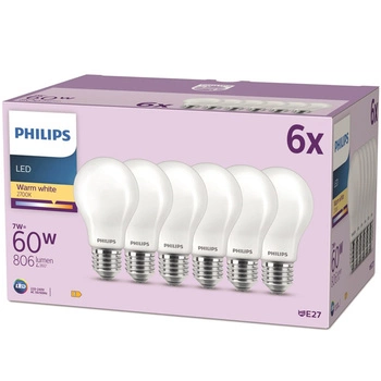 6x Żarówka LED E27 A60 7W = 60W 806lm 2700K Ciepła 300° FILAMENT EC Multipack Philips