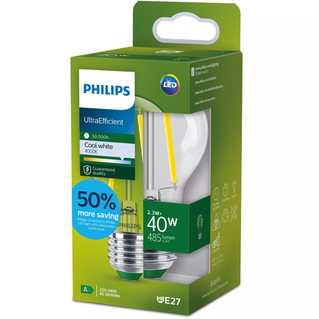 Żarówka LED E27 A60 2.3W = 40W 485lm 210lm/W 4000K Neutralna 300° KLASA A UltraEfficient Philips