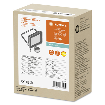 Naświetlacz LED 20W 1800lm 3000K IP65 Czarny z czujnikiem ruchu i zmierzchu LEDVANCE COMPACT V
