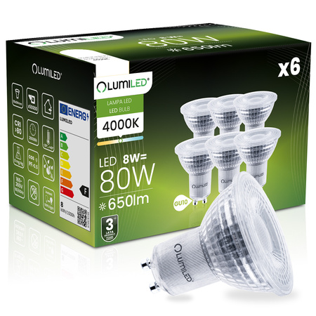 6x Żarówka LED GU10 Reflektor PAR16 8W = 80W 650lm 4000K Neutralna 36° Ściemnialna LUMILED