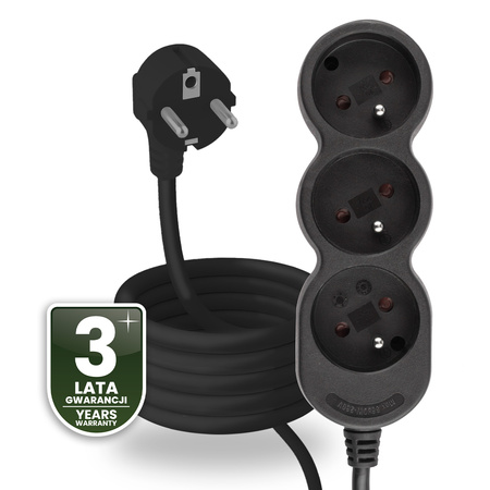 Przedłużacz Sieciowy Kabel z Uziemieniem Listwa Zasilająca 3 Gniazda 3m Czarny Sznur Lendo Lumiled