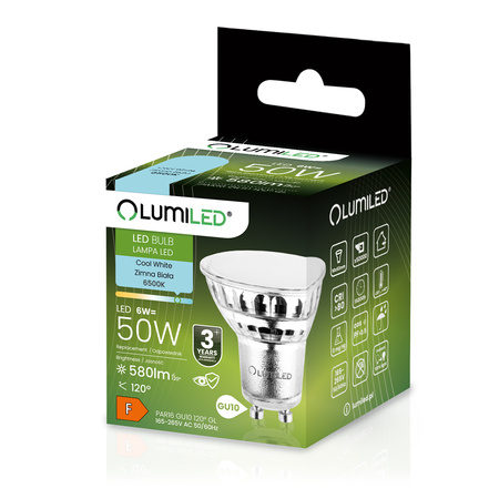 Zestaw 10x Żarówka LED GU10 6W = 50W 580lm 6500K Zimna 120° Szklana LUMILED