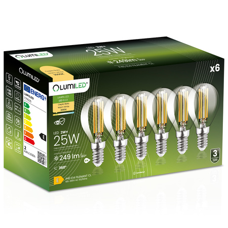 6x Żarówka LED E14 Kulka P45 2W = 25W 249lm 3000K Ciepła 360° FILAMENT LUMILED