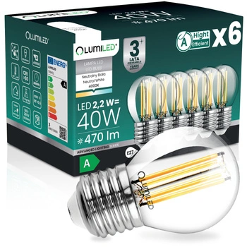 6x Żarówka LED E27 Kulka P45 2,2W 470lm = 40W 4000K Neutralna 360° Filament KLASA A LUMILED