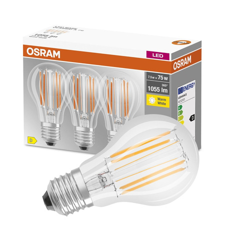 3PAK Żarówka LED E27 A60 7,5W = 75W 1055lm 2700K Ciepła 300° Filament OSRAM BASE