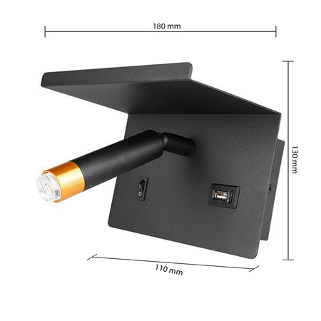 Lampa Ścienna Reflektor Kinkiet Spot do Czytania Półka G9 USB-A USB-C Czarny Złoty Masterled