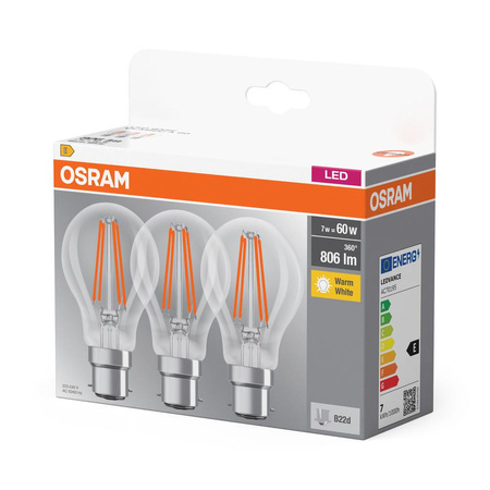 3x Żarówka LED A60 B22d 6.5W = 60W 806lm 2700K Ciepła 300° BASE Osram