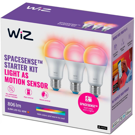 3x Żarówka LED E27 A60 8.8W = 60W 806lm 2200-6500K RGB + TW Inteligentna SMART WiFi Bluetooth Aplikacja WiZ