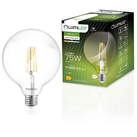 Żarówka LED E27 Kula G95 8W = 75W 880lm 4000K Neutralna 360° FILAMENT LUMILED