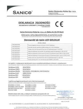 Pilot + Sterownik do Taśm Pasków LED Mono Ściemniacz Sanico Goldlux
