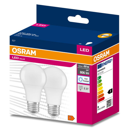 2x Żarówka LED A60 E27 8W = 60W 806lm 6500K Zimna 150° VALUE CLASSIC Osram