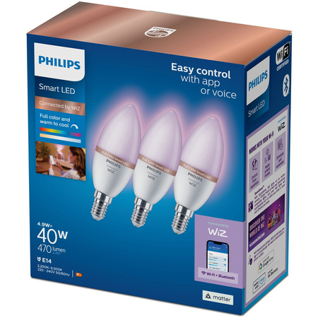 3x Żarówka LED E14 Świeczka C37 4.9W = 40W 470lm 2200-6500K RGB + TW Inteligentna SMART WiFi Bluetooth Aplikacja WiZ Philips