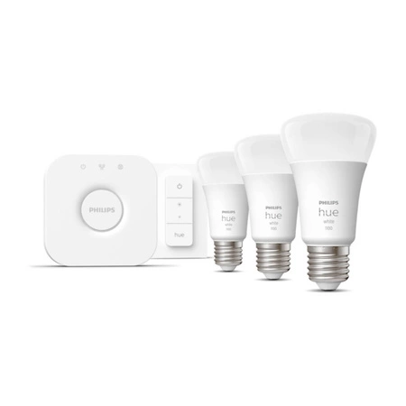 3PAK Żarówka LED E27 A60 9,5W 2700K Ciepła PHILIPS HUE White Bluetooth Zigbee + Mostek Hue Bridge + Przełącznik Dimmer Switch