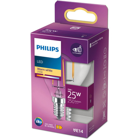 Żarówka LED E14 P45 2W = 25W 250lm 2700K Ciepła Filament PHILIPS