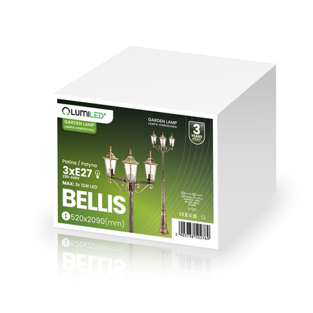 Lampa Ogrodowa Zewnętrzna 3xE27 SŁUPEK LATARNIA 2m Patyna BELLIS LUMILED