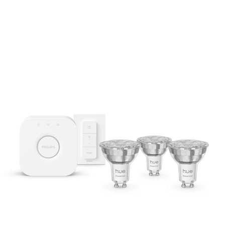 3x Żarówka LED GU10 Reflektor PAR16 4,7W = 50W 345lm 2200-6500K CCT + RGB SMART Inteligentna Bluetooth ZigBee White and Color Ambiance + Mostek Bridge + Regulator Pilot Philips HUE Essential