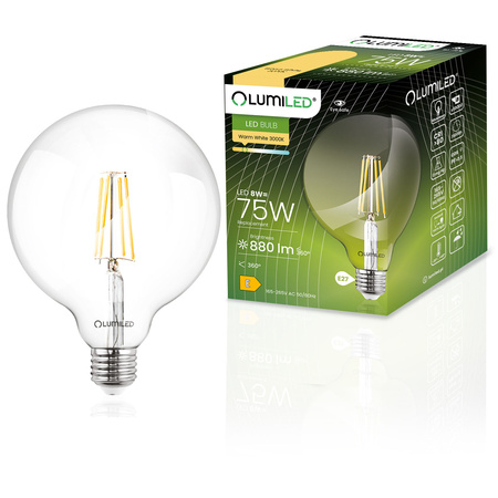 Żarówka LED E27 Kula G95 8W = 75W 880lm 3000K Ciepła 360° FILAMENT LUMILED