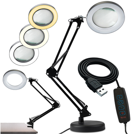 ZESTAW Lampka Biurkowa LED 8W CCT Kreślarska Stołowa Lupa LUCA 2 Czarna + Adapter USB 5V/1A DC LUMILED