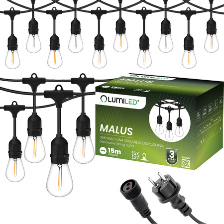 Girlanda Ogrodowa Zewnętrzna MALUS Łańcuch Świetlny 15m 15xE27 + Żarówki LED 1W Ciepła Lumiled