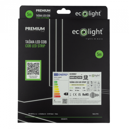 Taśma LED Pasek COB 7W/m 630lm/m 320LED/m 24V 3000K Ciepła IP20 Rolka 5m Ecolight