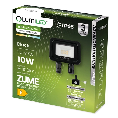 Naświetlacz z Czujnikiem Ruchu LED ZUME 10W 1100lm 4000K IP65 Czarny Advanced Lighting Series LUMILED 