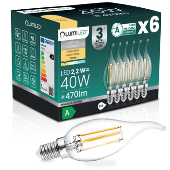 6x Żarówka LED E14 Świeczka BA35 2,2W 470lm = 40W 2700K Ciepła 360° Filament KLASA A LUMILED