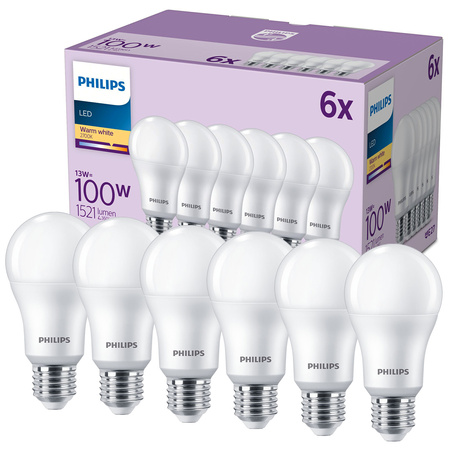 6x Żarówka LED E27 A65 13W = 100W 1521lm 2700K Ciepła 150° EC Multipack Philips