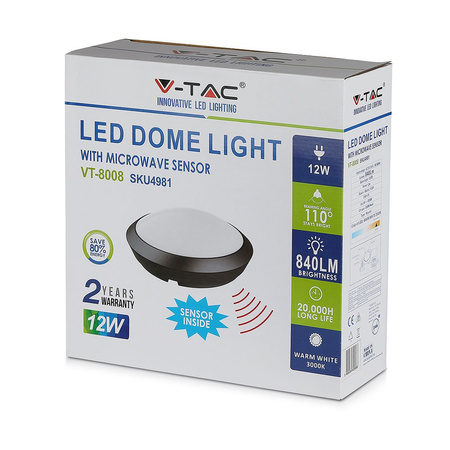 Plafon LED Lampa Sufitowa 12W 3000K 840lm IP66 Okrągła Z czujnikiem mikrofalowym Czarna VT-8008 V-TAC