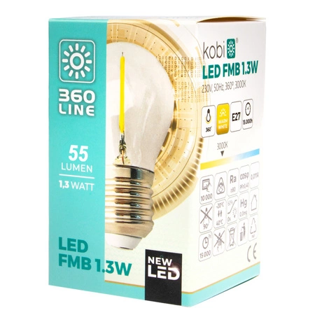 Żarówka LED E27 G45 1,3W 55lm 2700K Ciepła 360° Filament KOBI do Girlandy