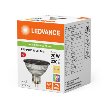 Żarówka LED MR16 GU5.3 3.4W = 20W 230lm 3000K Ciepła Biała 12V FILAMENT ŚCIEMNIALNA LEDVANCE