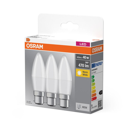 3x Żarówka LED B37 Świeczka B22d 4.9W = 40W 470lm 2700K Ciepła 200° BASE Osram