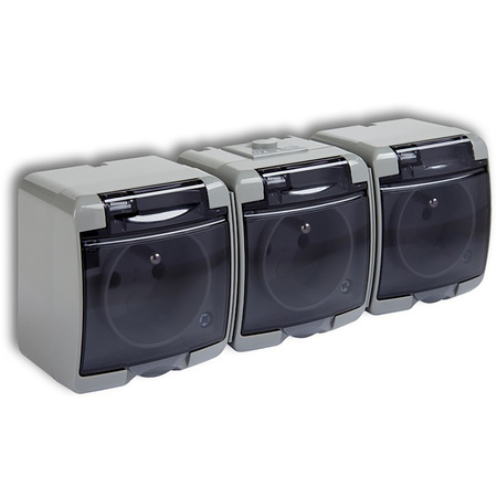 Gniazdko Potrójne Elektryczne Hermetyczne Ścienne Natynkowe z Bolcem IP54 KARLIK Popielate
