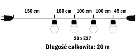 Girlanda Ogrodowa Zewnętrzna Łańcuch Świetlny 20m 20xE27 LED 1,3W