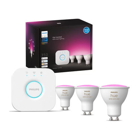 3PAK Żarówka LED GU10 4.2W CCT RGB PHILIPS HUE White & COLOR Ambiance Bluetooth Zigbee + Mostek Hue Bridge 