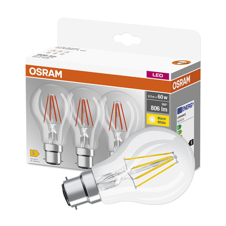 3PAK Żarówka LED B22d A60 6.5W = 60W 806lm 2700K Ciepła 360° Filament OSRAM