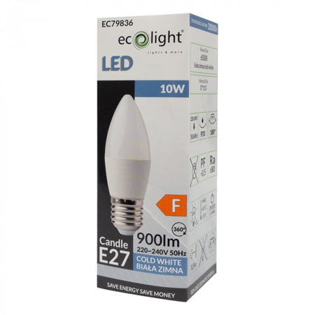 Żarówka LED Świeczka B37 E27 10W 900lm 6500K Zimna Ecolight