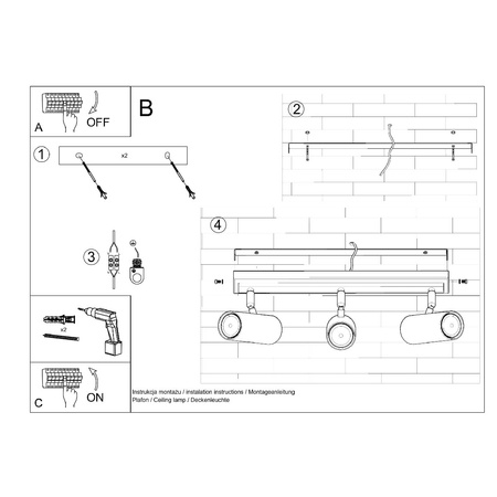 Lampa Sufitowa Oprawa Natynkowa SPOT TUBA Reflektor 3x GU10 Ruchoma Tubularna Czarna Nowoczesna Direzione Sollux