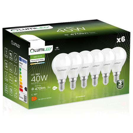 Zestaw 6x Żarówka LED E14 P40 5W = 40W 470lm 4000K Neutralna 180° LUMILED