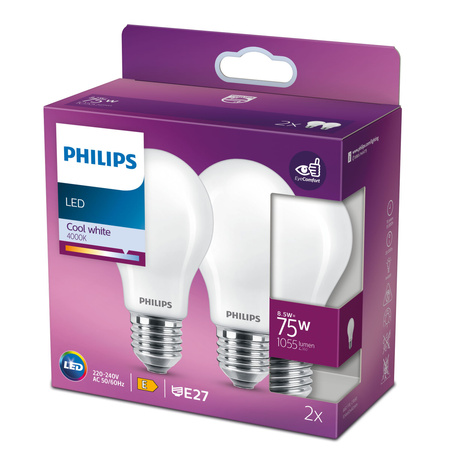 2x Żarówka LED E27 A60 8.5W = 75W 1055lm 4000K Neutralna FILAMENT LED Classic Philips