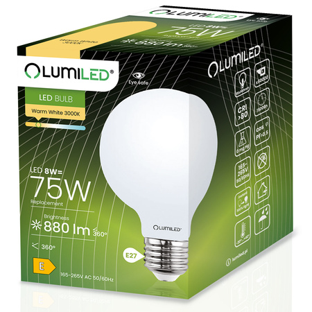 Zestaw 3x Żarówka LED E27 G95 8W = 75W 3000K Ciepła Globe Mleczny Filament LUMILED