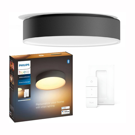 Lampa Sufitowa Plafon LED Enrave Czarny 9,5W 26cm CCT PHILIPS HUE Bluetooth + Przełącznik Dimmer Switch