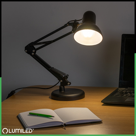 Lampka Biurkowa Kreślarska Stołowa E27 TOBI Czarna Lumiled + Uchwyt na Blat