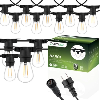 Girlanda Ogrodowa Zewnętrzna Łańcuch Świetlny 20m 20x E27 Żarówki 2W 3000K NARCI Lumiled