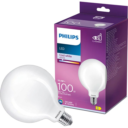 Żarówka LED Globe E27 G120 10.5W = 100W 1521lm 4000K Neutralna Filament Mleczna PHILIPS