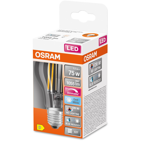 Żarówka LED A60 E27 7.5W = 75W 1055lm 4000K Neutralna CRI90 300° Filament Ściemnialna SUPERSTAR PLUS CLASSIC Osram