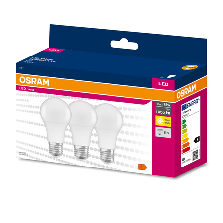 3x Żarówka LED A60 E27 10W = 75W 1055lm 2700K Ciepła 200° VALUE CLASSIC Osram